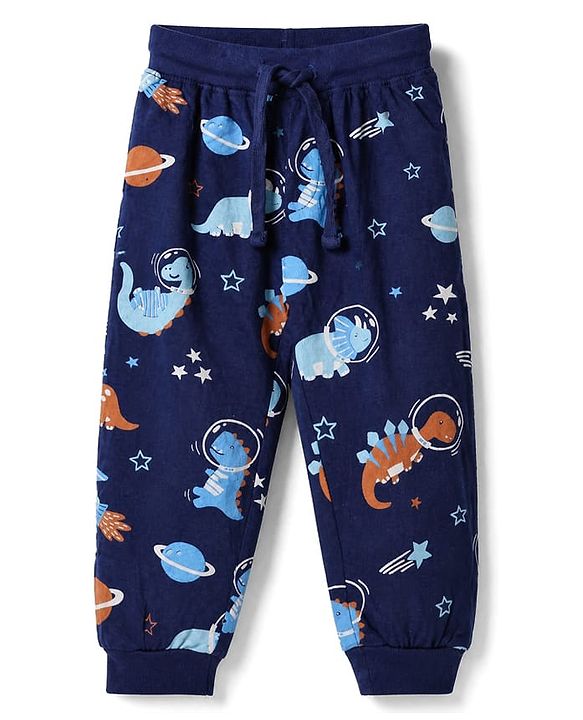 Babyhug Cotton Knit Full Length Jogger Fit Lounge Pant With Animal Print Pack of 3 in Navy Blue Grey Yellow