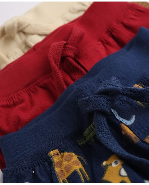 Babyhug Cotton Jersey Knit Full Length Track Pants WIth Animal Print Pack of 3 - Beige Navy Blue & Red