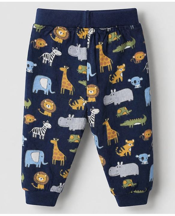 Babyhug Cotton Jersey Knit Full Length Track Pants WIth Animal Print Pack of 3 - Beige Navy Blue & Red