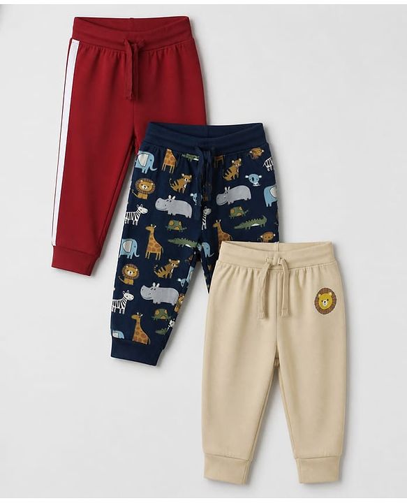 Babyhug Cotton Jersey Knit Full Length Track Pants WIth Animal Print Pack of 3 - Beige Navy Blue & Red