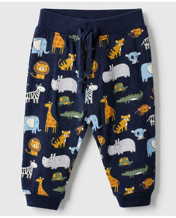 Babyhug Cotton Jersey Knit Full Length Track Pants WIth Animal Print Pack of 3 - Beige Navy Blue & Red