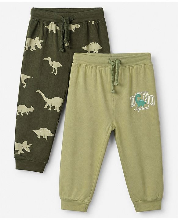Babyhug Cotton Knit Full Length Jogger Fit Lounge Pant With Dino Print Pack of 2 in Green