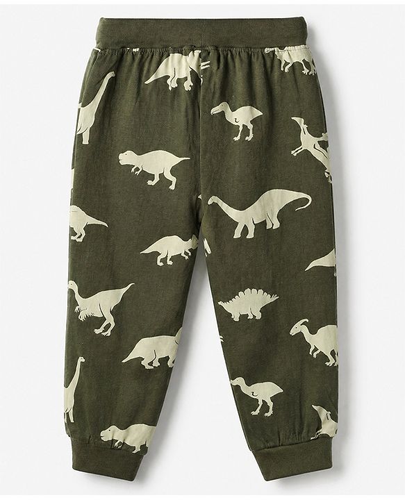 Babyhug Cotton Knit Full Length Jogger Fit Lounge Pant With Dino Print Pack of 2 in Green