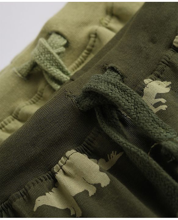 Babyhug Cotton Knit Full Length Jogger Fit Lounge Pant With Dino Print Pack of 2 in Green