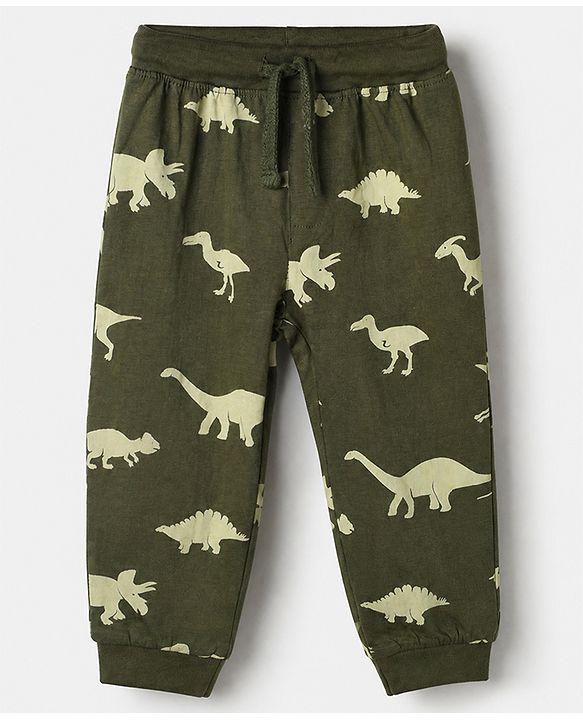 Babyhug Cotton Knit Full Length Jogger Fit Lounge Pant With Dino Print Pack of 2 in Green