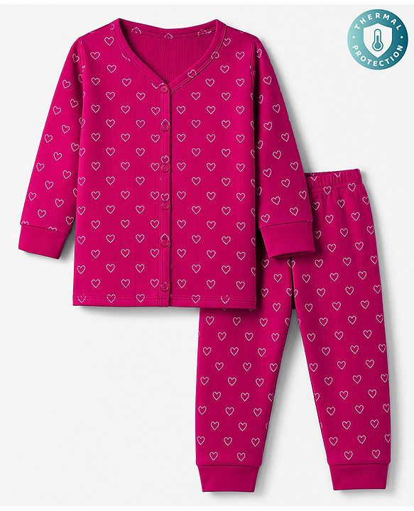 Babyhug Cotton Knit Full Sleeves Front open Thermal Inner Wear Set With Heart Print- Fuchsia