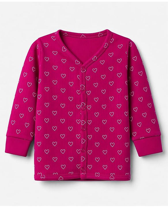 Babyhug Cotton Knit Full Sleeves Front open Thermal Inner Wear Set With Heart Print- Fuchsia