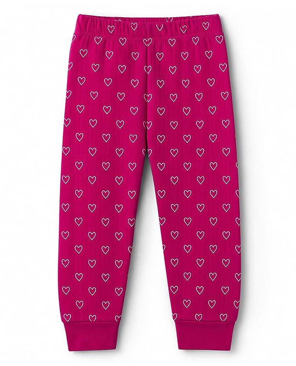 Babyhug Cotton Knit Full Sleeves Front open Thermal Inner Wear Set With Heart Print- Fuchsia