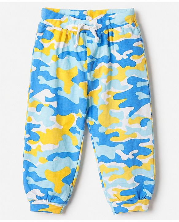 Babyhug Cotton Knit Full Length Jogger Fit Lounge Pant With Camouflage Print Pack of 2 in Yellow Blue