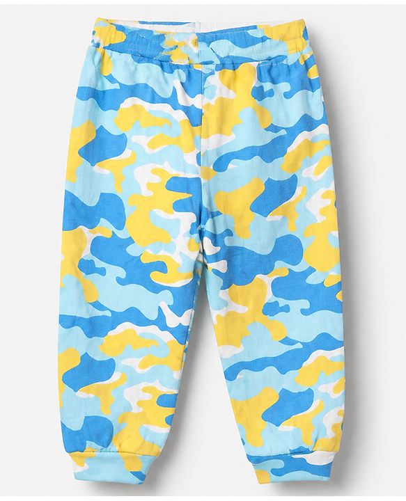 Babyhug Cotton Knit Full Length Jogger Fit Lounge Pant With Camouflage Print Pack of 2 in Yellow Blue