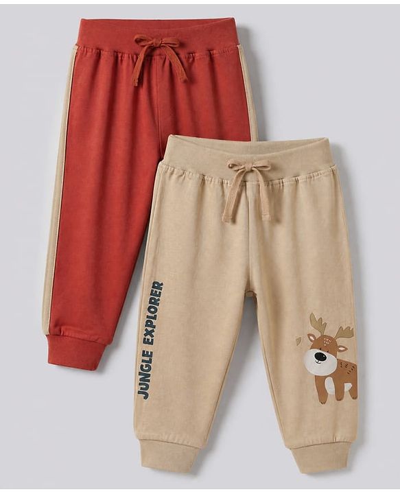 Babyhug Cotton Jersey Knit Jogger Fit Full Length Lounge Pant Pack of 2 With Deer Print in Red