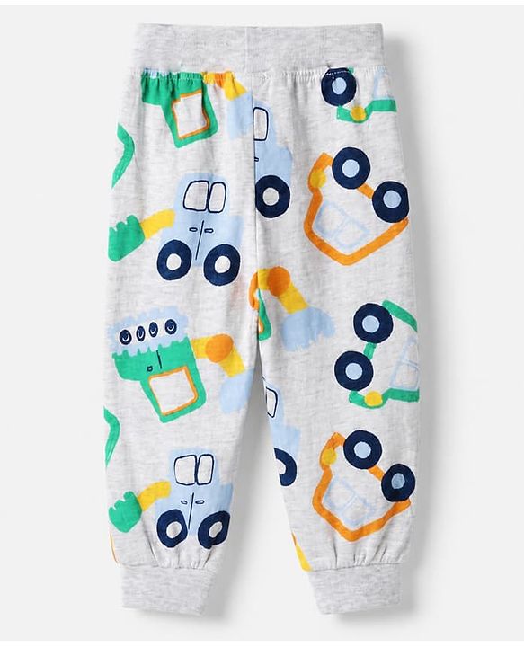 Babyhug Cotton Jersey Knit Full Length Lounge Pants With Vehicles & Fun Time Text Print Pack of 2 - Blue & Grey
