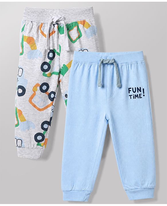 Babyhug Cotton Jersey Knit Full Length Lounge Pants With Vehicles & Fun Time Text Print Pack of 2 - Blue & Grey