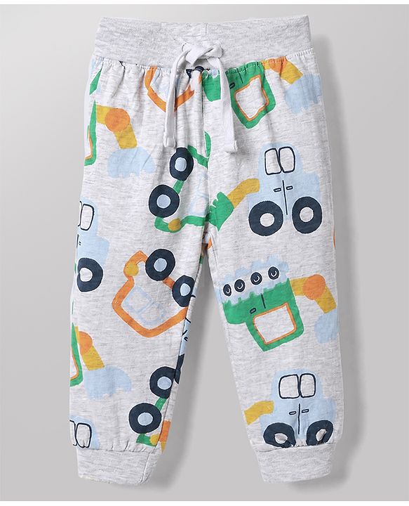 Babyhug Cotton Jersey Knit Full Length Lounge Pants With Vehicles & Fun Time Text Print Pack of 2 - Blue & Grey