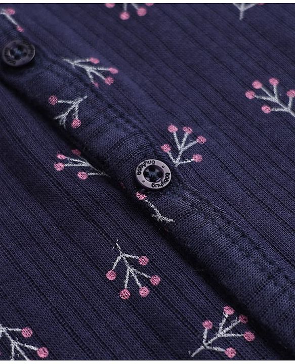 Babyhug Knit Full Sleeves Vests & Pant With Floral Print Thermal Inner Wear - Navy Blue
