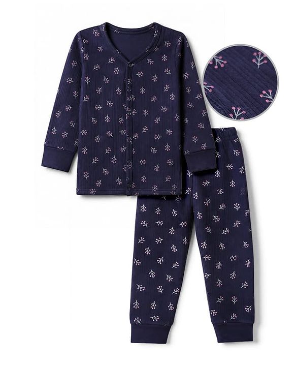 Babyhug Knit Full Sleeves Vests & Pant With Floral Print Thermal Inner Wear - Navy Blue