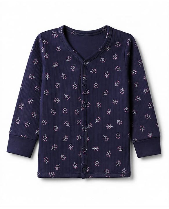 Babyhug Knit Full Sleeves Vests & Pant With Floral Print Thermal Inner Wear - Navy Blue