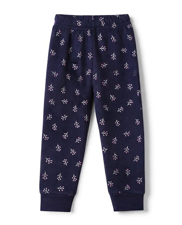 Babyhug Knit Full Sleeves Vests & Pant With Floral Print Thermal Inner Wear - Navy Blue