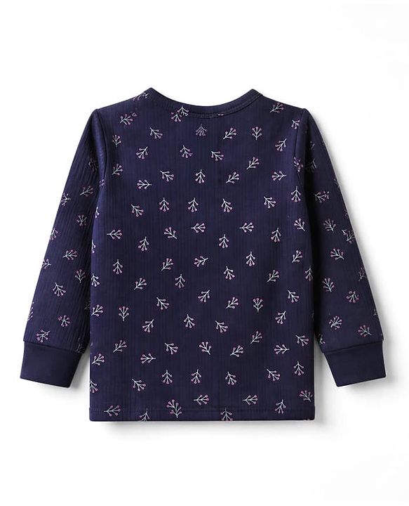 Babyhug Knit Full Sleeves Vests & Pant With Floral Print Thermal Inner Wear - Navy Blue