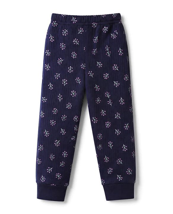 Babyhug Knit Full Sleeves Vests & Pant With Floral Print Thermal Inner Wear - Navy Blue