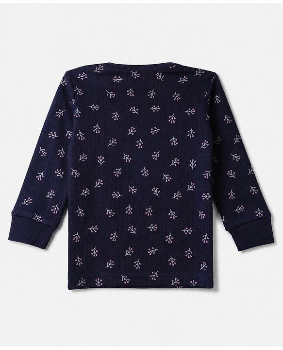 Babyhug Cotton Mixes Knit Full Sleeves Vests & Pant Thermal Inner Wear with Floral Print - Navy Blue