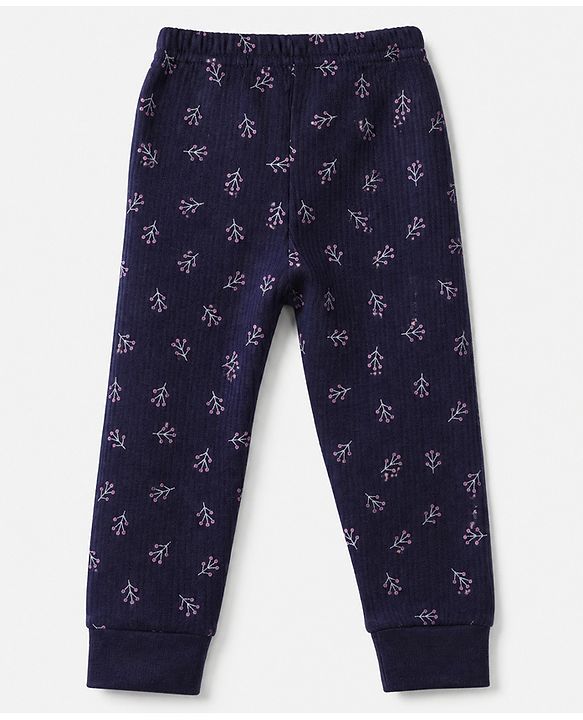 Babyhug Cotton Mixes Knit Full Sleeves Vests & Pant Thermal Inner Wear with Floral Print - Navy Blue