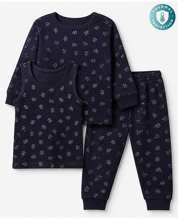 Babyhug Cotton Mixes Knit Full Sleeves Vests & Pant Thermal Inner Wear with Floral Print - Navy Blue