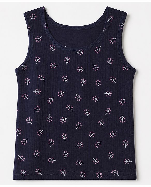 Babyhug Cotton Mixes Knit Full Sleeves Vests & Pant Thermal Inner Wear with Floral Print - Navy Blue