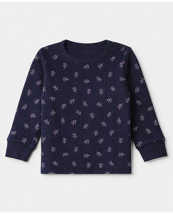 Babyhug Cotton Mixes Knit Full Sleeves Vests & Pant Thermal Inner Wear with Floral Print - Navy Blue
