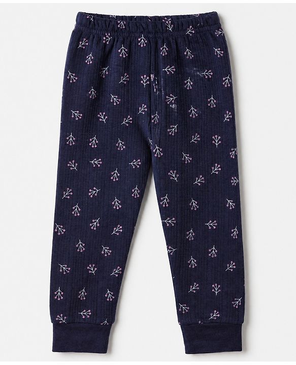 Babyhug Cotton Mixes Knit Full Sleeves Vests & Pant Thermal Inner Wear with Floral Print - Navy Blue