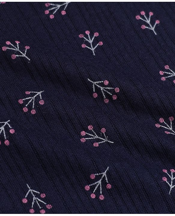 Babyhug Cotton Mixes Knit Full Sleeves Vests & Pant Thermal Inner Wear with Floral Print - Navy Blue