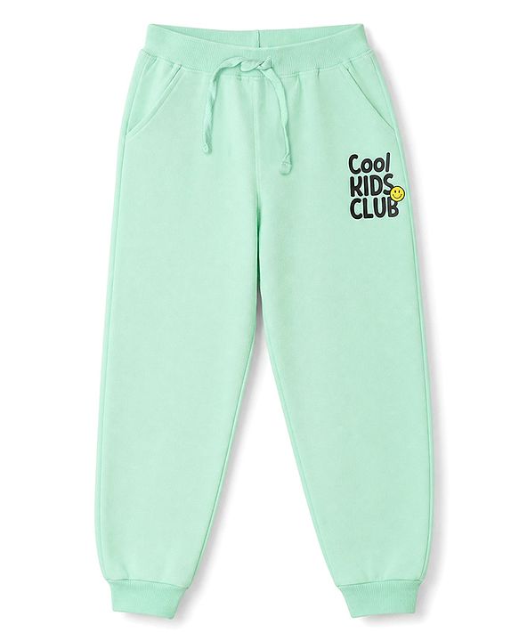 Babyhug 100% Cotton Terry Knit Full Length Lounge Pants With Text Print - Light Green