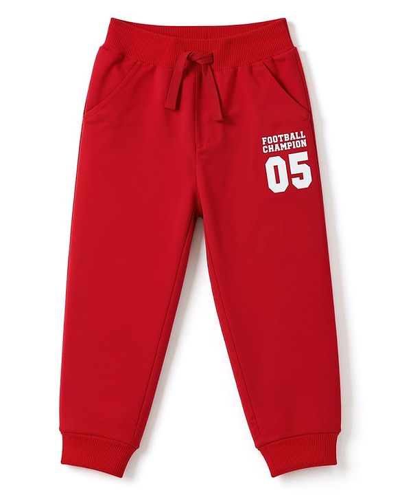 Babyhug 100% Cotton Terry Knit Full Length Solid Text Printed Lounge and Track Pant - Red