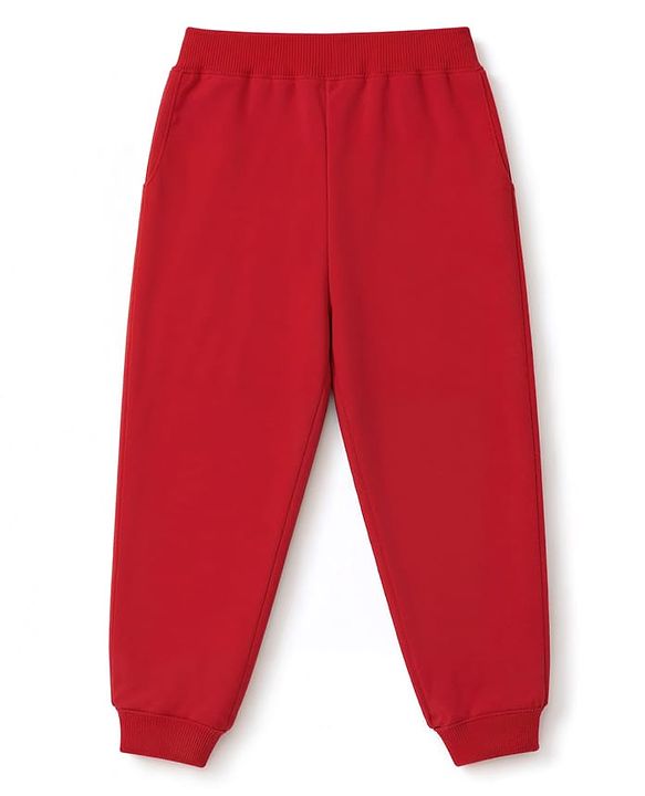 Babyhug 100% Cotton Terry Knit Full Length Solid Text Printed Lounge and Track Pant - Red