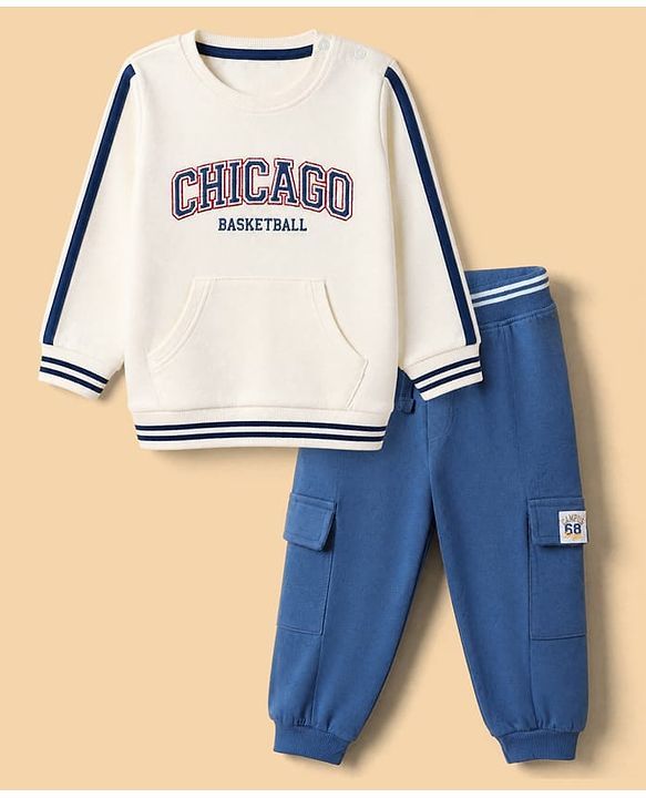 Babyhug 100% Cotton Terry Knit Full Sleeves T-Shirt & Joggers Set With Text Print - Off White & Navy Blue