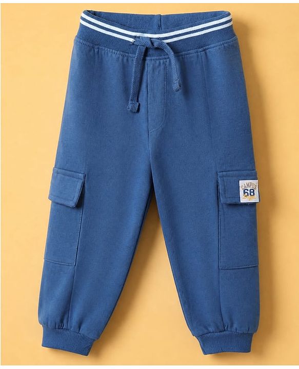 Babyhug 100% Cotton Terry Knit Full Sleeves T-Shirt & Joggers Set With Text Print - Off White & Navy Blue