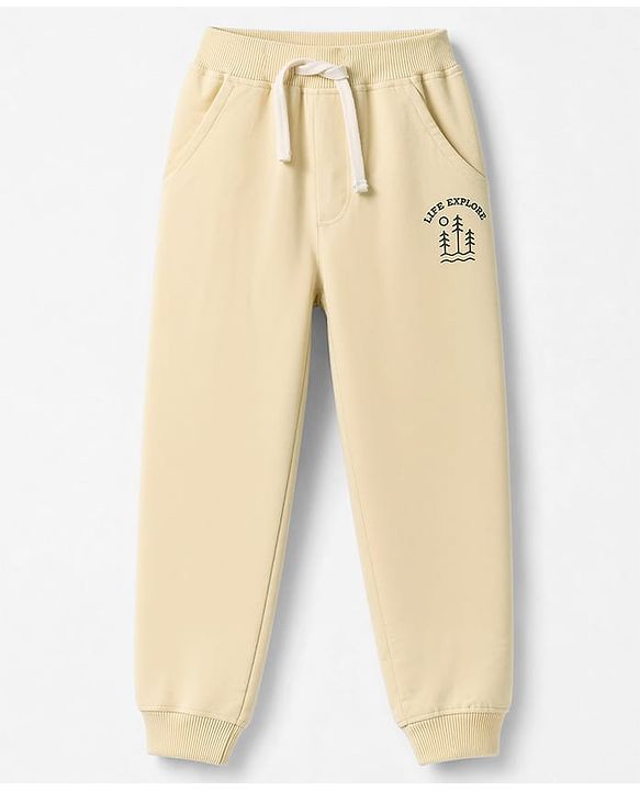 Babyhug 100% Cotton Terry Knit Full Length Lounge Pants With Text Print - Beige