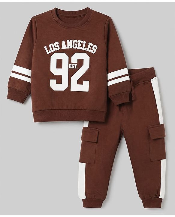 Babyhug Terry Knit Full Sleeves T-Shirt & Joggers Set With Text Print - Brown