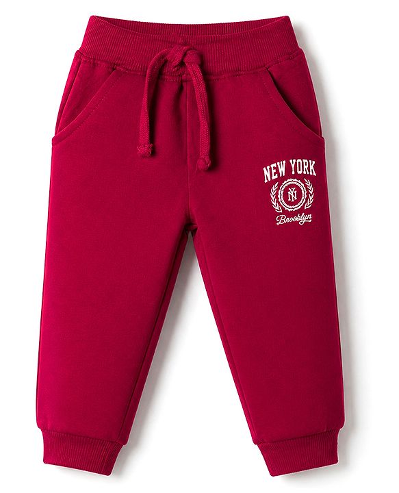 Babyhug Cotton Terry Knit Jogger Fit Full Length Lounge Pant with New York Brooklyn Print in Maroon