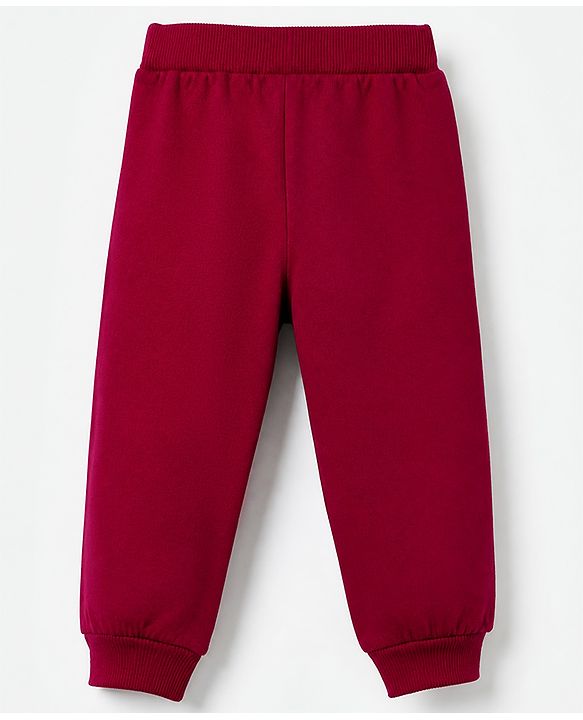 Babyhug Cotton Terry Knit Jogger Fit Full Length Lounge Pant with New York Brooklyn Print in Maroon