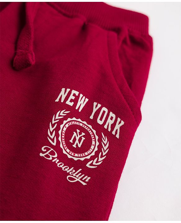 Babyhug Cotton Terry Knit Jogger Fit Full Length Lounge Pant with New York Brooklyn Print in Maroon