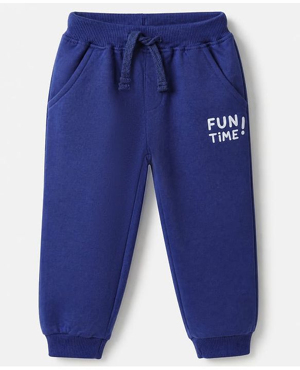 Babyhug Cotton Terry Knit Jogger Fit Full Length Lounge Pant with Fun Time Text Print - Blue