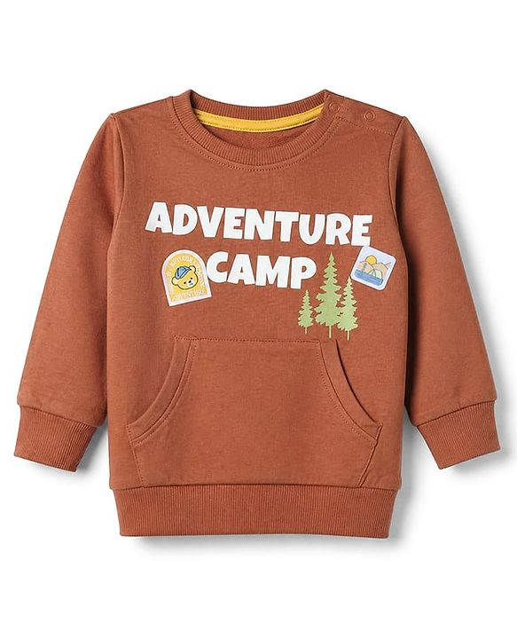 Babyhug Terry Knit Full Sleeves T-Shirt & Joggers Set With Text Print - Brown