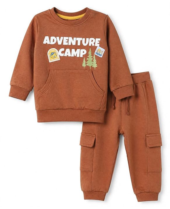 Babyhug Terry Knit Full Sleeves T-Shirt & Joggers Set With Text Print - Brown