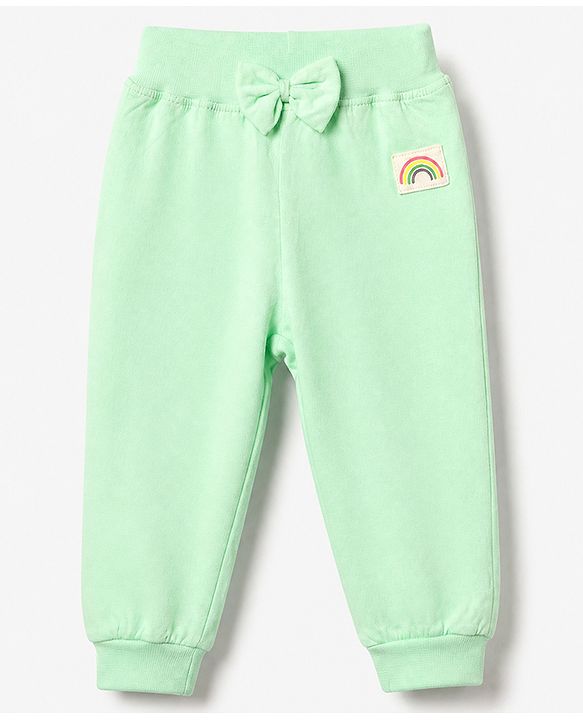 Babyhug Cotton Knit Full Length Lounge Pants with Rainbow Patch and Bow Applique Pack of 3 - Green Purple Pink
