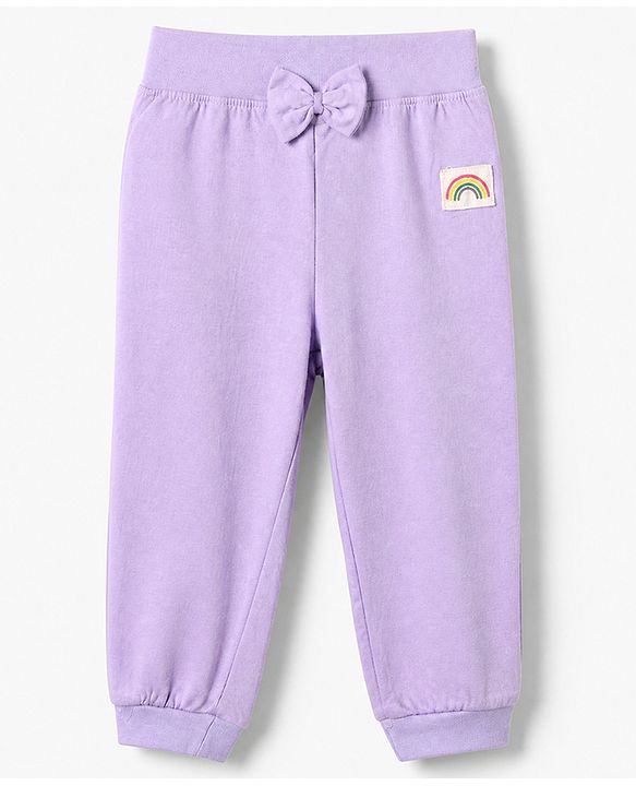 Babyhug Cotton Knit Full Length Lounge Pants with Rainbow Patch and Bow Applique Pack of 3 - Green Purple Pink