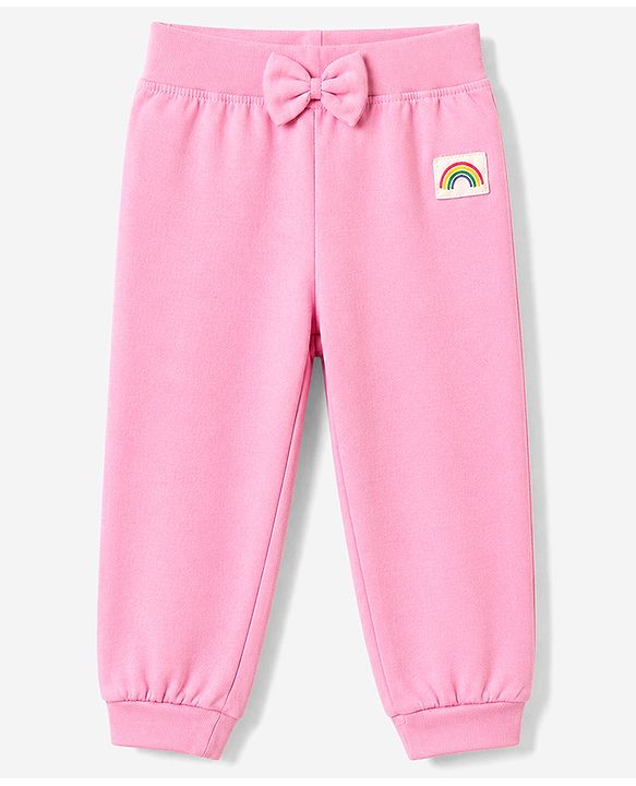 Babyhug Cotton Knit Full Length Lounge Pants with Rainbow Patch and Bow Applique Pack of 3 - Green Purple Pink