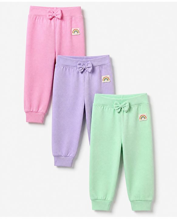 Babyhug Cotton Knit Full Length Lounge Pants with Rainbow Patch and Bow Applique Pack of 3 - Green Purple Pink