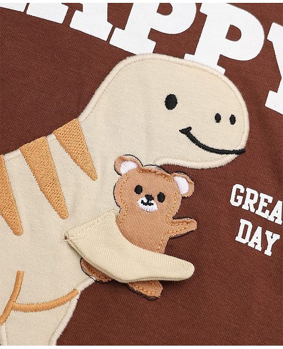 Babyhug 100% Cotton Terry Knit Full Sleeves T-Shirt and Joggers Set With Dino Patch - Brown
