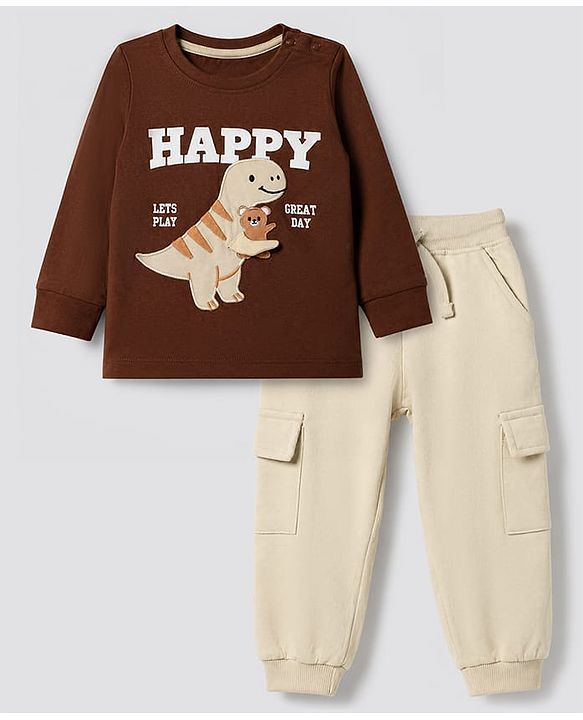 Babyhug 100% Cotton Terry Knit Full Sleeves T-Shirt and Joggers Set With Dino Patch - Brown